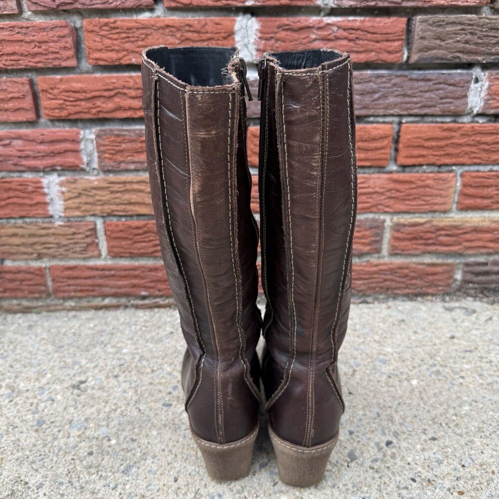 Vintage Brown Leather Wedge Boots Womens IT 39 US 8.5 Knee High Square Toe Y2K - Picture 11 of 15
